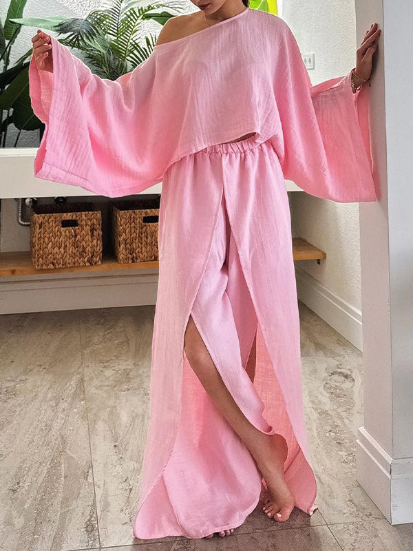 Boat-Neck Top & Slit Pants Set