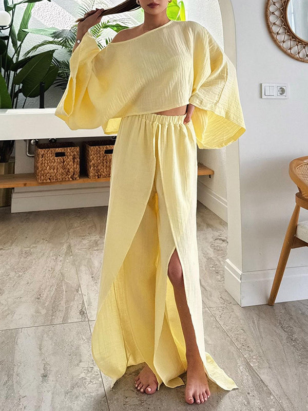 Boat-Neck Top & Slit Pants Set