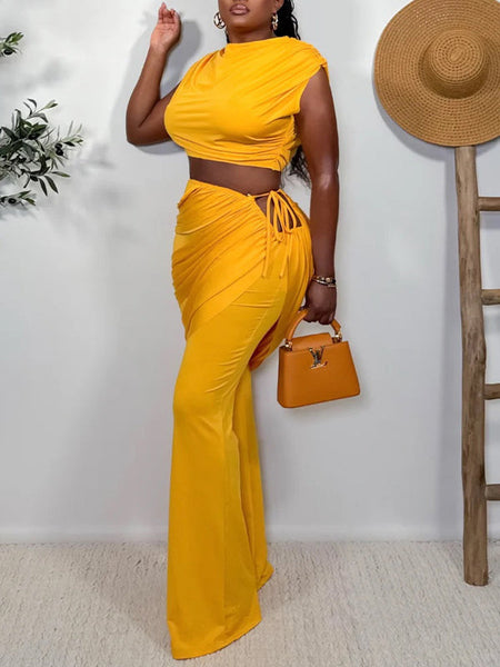Solid Ruched Tank Top & Pants Set