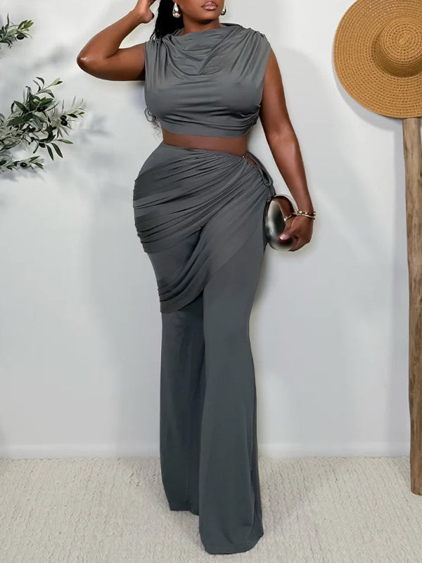 Solid Ruched Tank Top & Pants Set