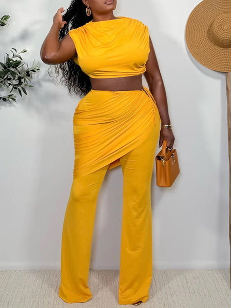 Solid Ruched Tank Top & Pants Set