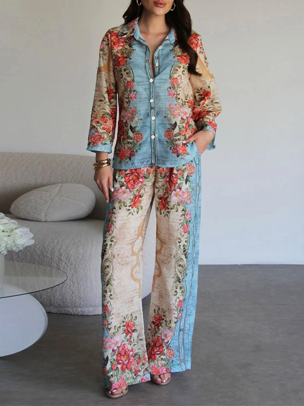 Printed Shirt & Wide-Leg Pants Set