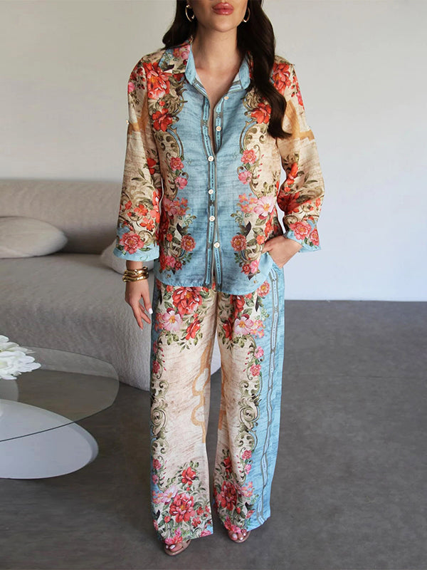 Printed Shirt & Wide-Leg Pants Set