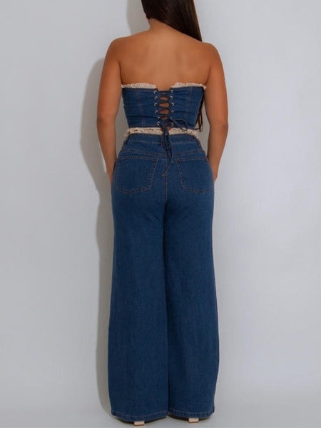 Frilled Denim Tube Top & Pants Set