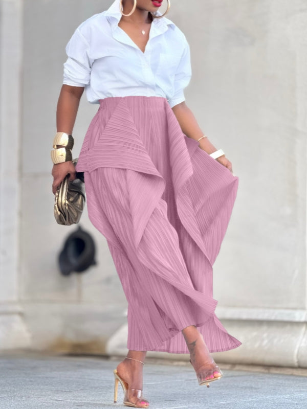 Solid Asymmetric Pleated Pants