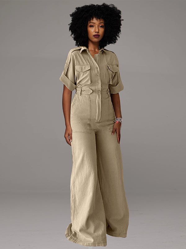 Button-Front Wide-Leg Cargo Jumpsuit