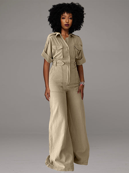Button-Front Wide-Leg Cargo Jumpsuit