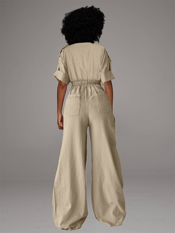 Button-Front Wide-Leg Cargo Jumpsuit