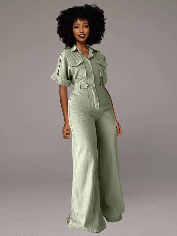 Button-Front Wide-Leg Cargo Jumpsuit