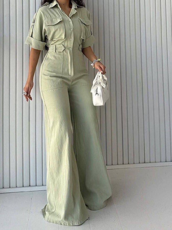 Button-Front Wide-Leg Cargo Jumpsuit
