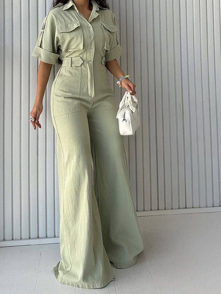 Button-Front Wide-Leg Cargo Jumpsuit