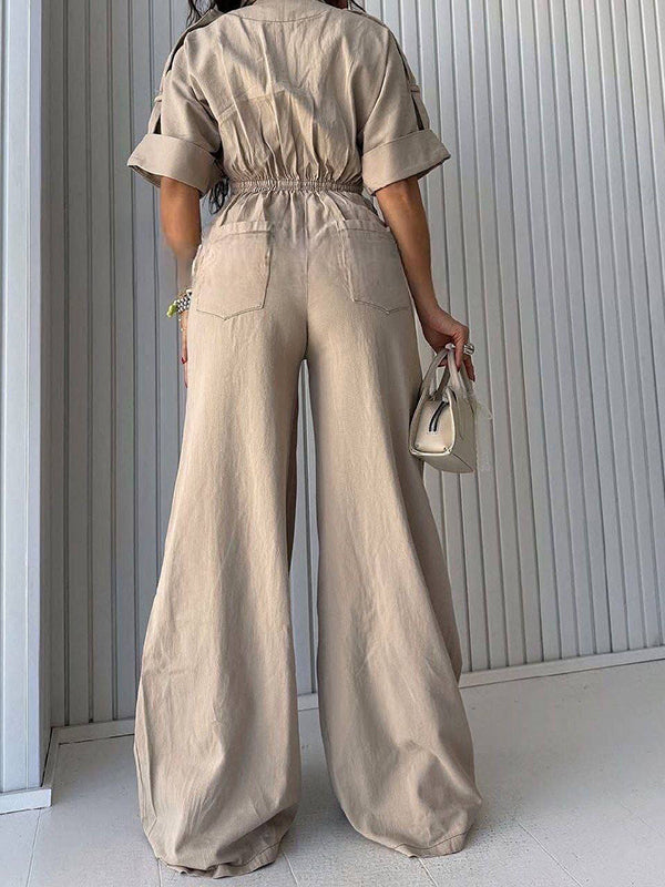 Button-Front Wide-Leg Cargo Jumpsuit