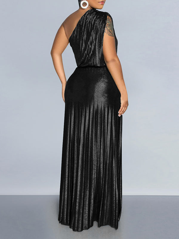 Metallic One-Shoulder Pleated Dress
