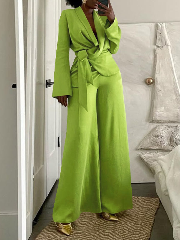 Solid Tied Blazer & Wide-Leg Pants Set