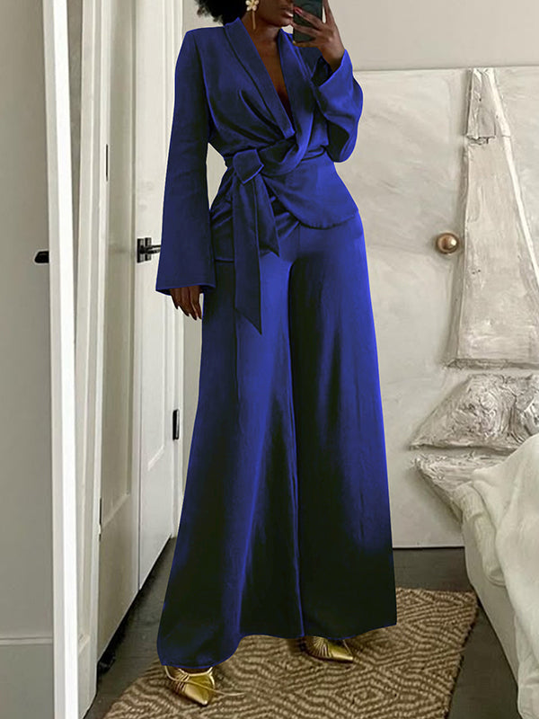 Solid Tied Blazer & Wide-Leg Pants Set