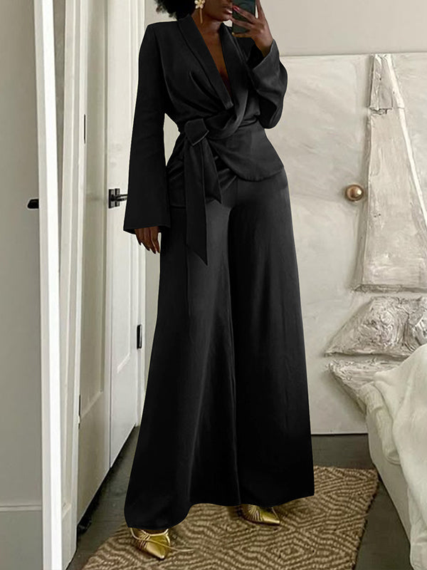 Solid Tied Blazer & Wide-Leg Pants Set