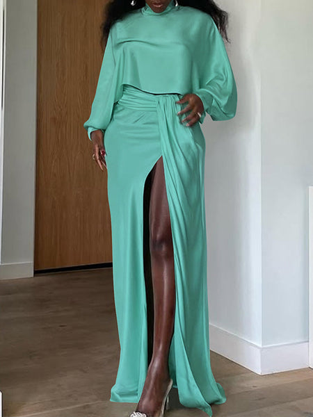 Satin Batwing-Sleeve Top & Slit Skirt Set