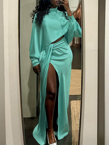 Satin Batwing-Sleeve Top & Slit Skirt Set