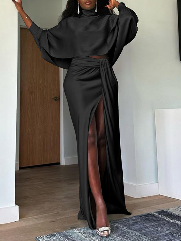 Satin Batwing-Sleeve Top & Slit Skirt Set