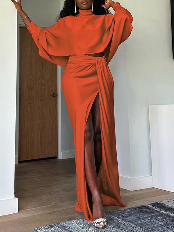 Satin Batwing-Sleeve Top & Slit Skirt Set