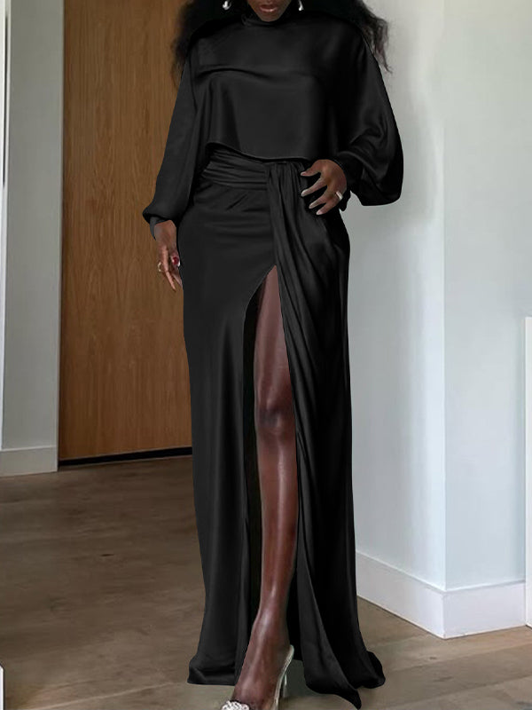 Satin Batwing-Sleeve Top & Slit Skirt Set