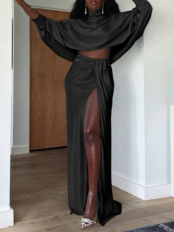 Satin Batwing-Sleeve Top & Slit Skirt Set