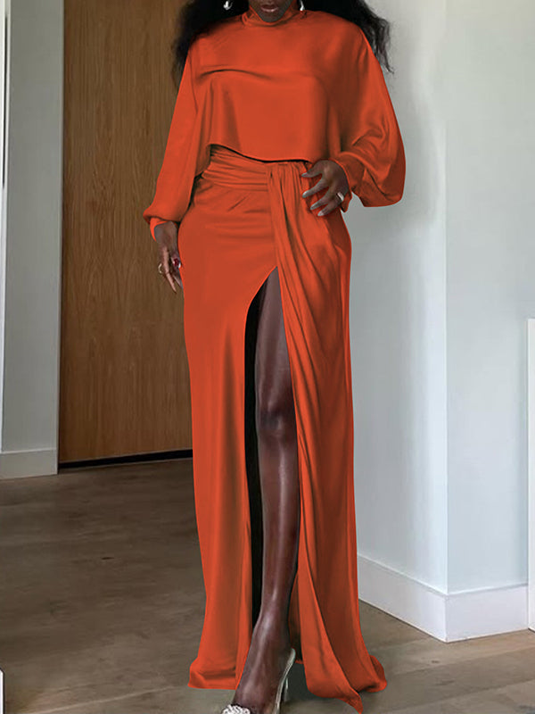 Satin Batwing-Sleeve Top & Slit Skirt Set