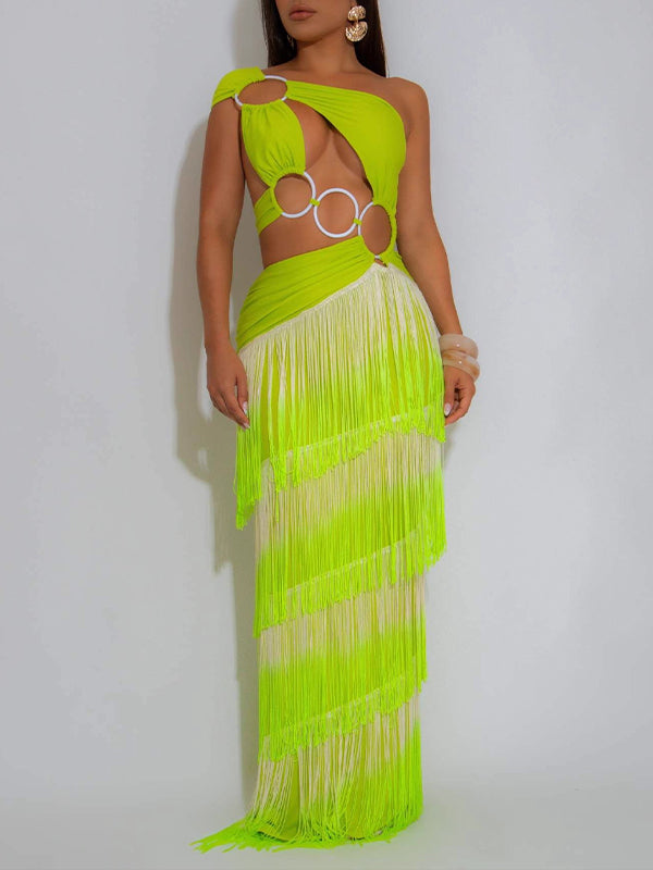 One-Shoulder Cutout Fringe Dress