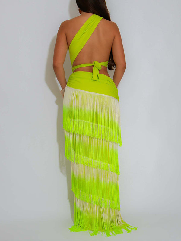 One-Shoulder Cutout Fringe Dress