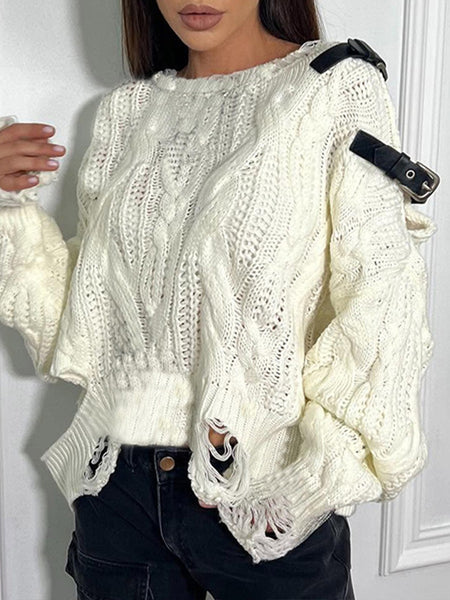Belted-Shoulder Ripped Sweater