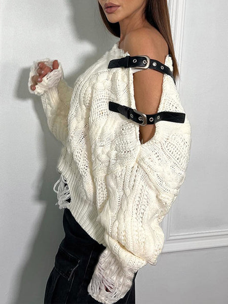 Belted-Shoulder Ripped Sweater