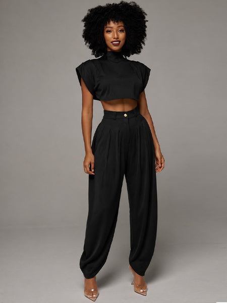 Solid Mock-Neck Top & Heram Pants Set
