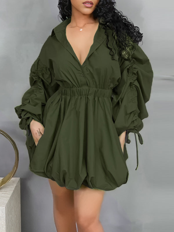 Ruched-Sleeve Button-Front Dress