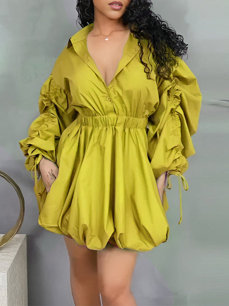 Ruched-Sleeve Button-Front Dress