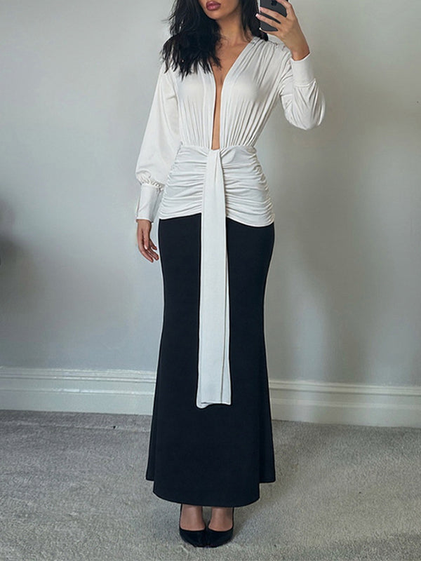 Two-Tone Plunge Draped Dress