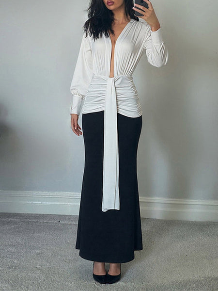 Two-Tone Plunge Draped Dress