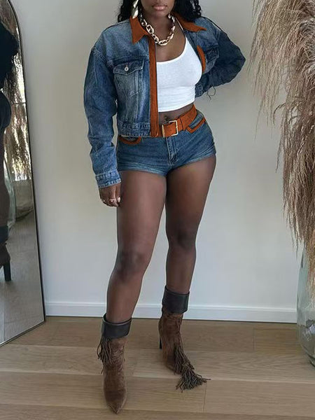 Contrast Denim Jacket & Shorts Set