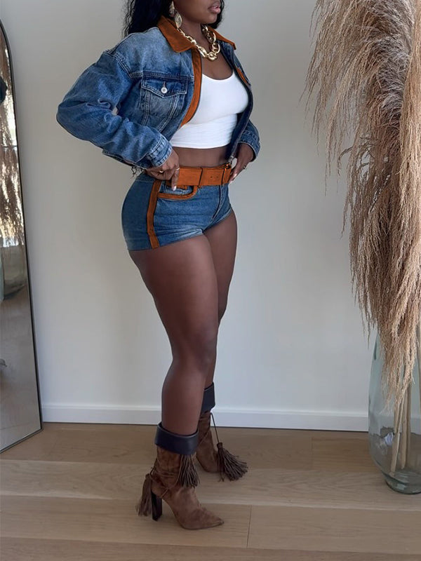 Contrast Denim Jacket & Shorts Set
