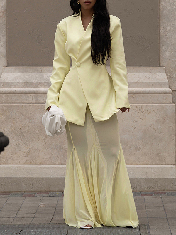 Solid Blazer & Sheer Skirt Set