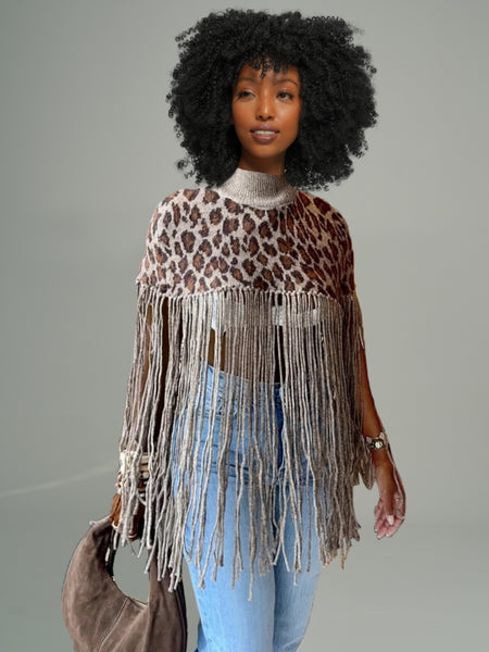 Fringe Combo Leopard Poncho