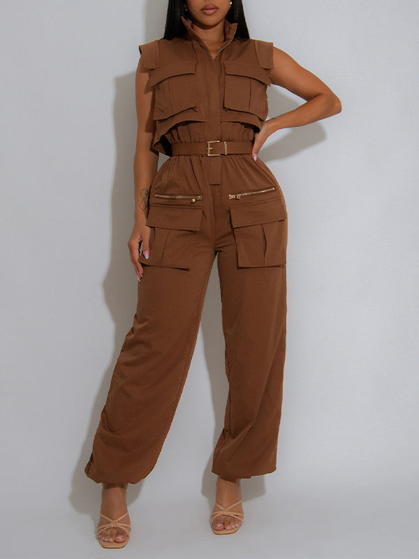 Sleeveless Belted Cargo Jumpsuit