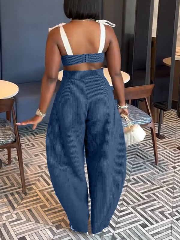 Tie-Shoulder Bra Top & Wide-Leg Pants Set