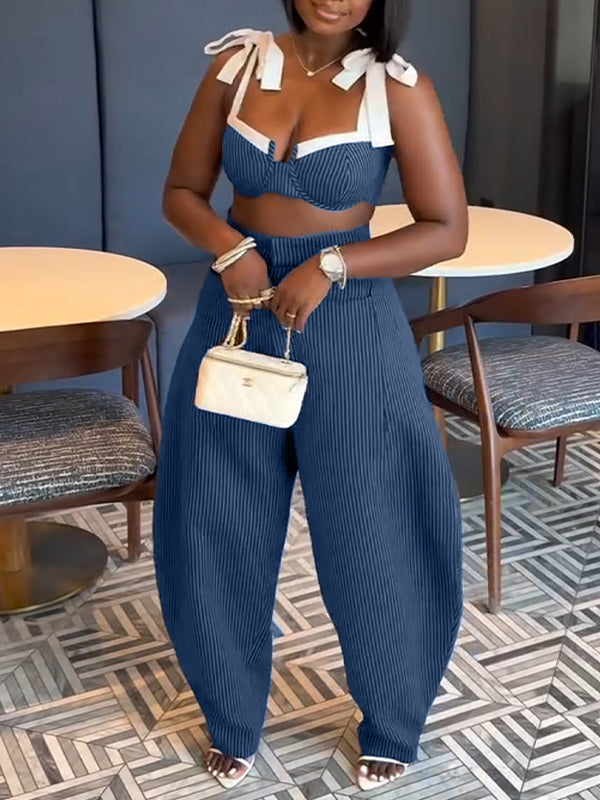 Tie-Shoulder Bra Top & Wide-Leg Pants Set
