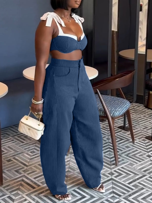 Tie-Shoulder Bra Top & Wide-Leg Pants Set
