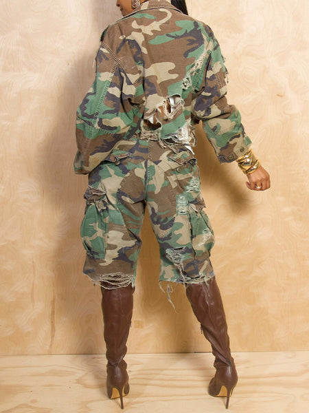 Camo Ripped Jacket & Cargo Capris Set
