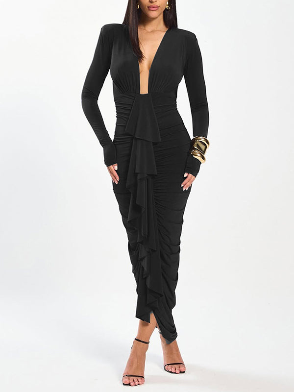 Ruffle Ruched Plunge Dress