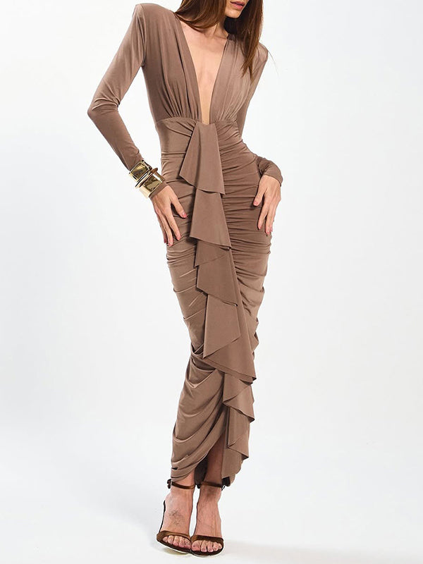 Ruffle Ruched Plunge Dress
