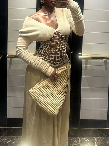 V-Neck Knit Combo Cutout Maxi Dress