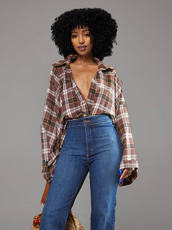 Plaid Batwing-Sleeve Shirt