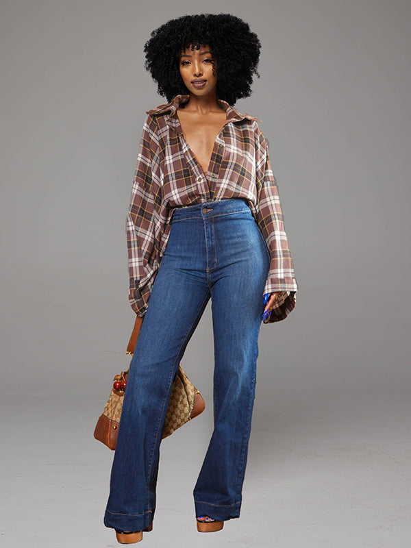 Plaid Batwing-Sleeve Shirt